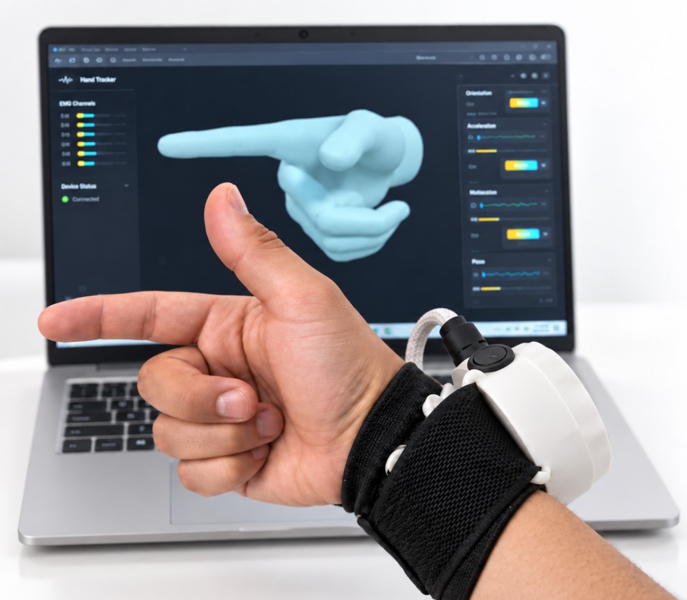 Aura VR wristband on a wrist, EMG contacts around a sensor puck, laptop in the background